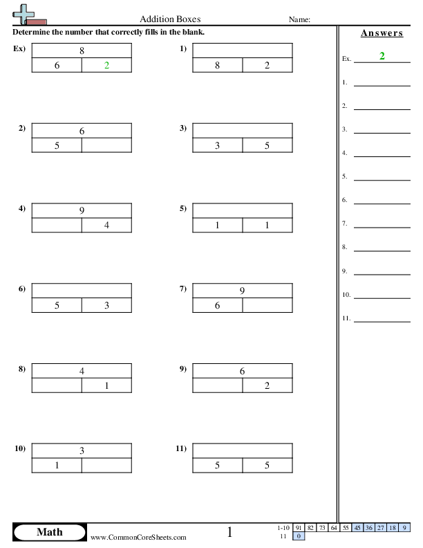 Addition Boxes (to ten) worksheet